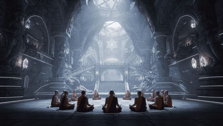 Buddhist monks meditating on ancient underground empire concept