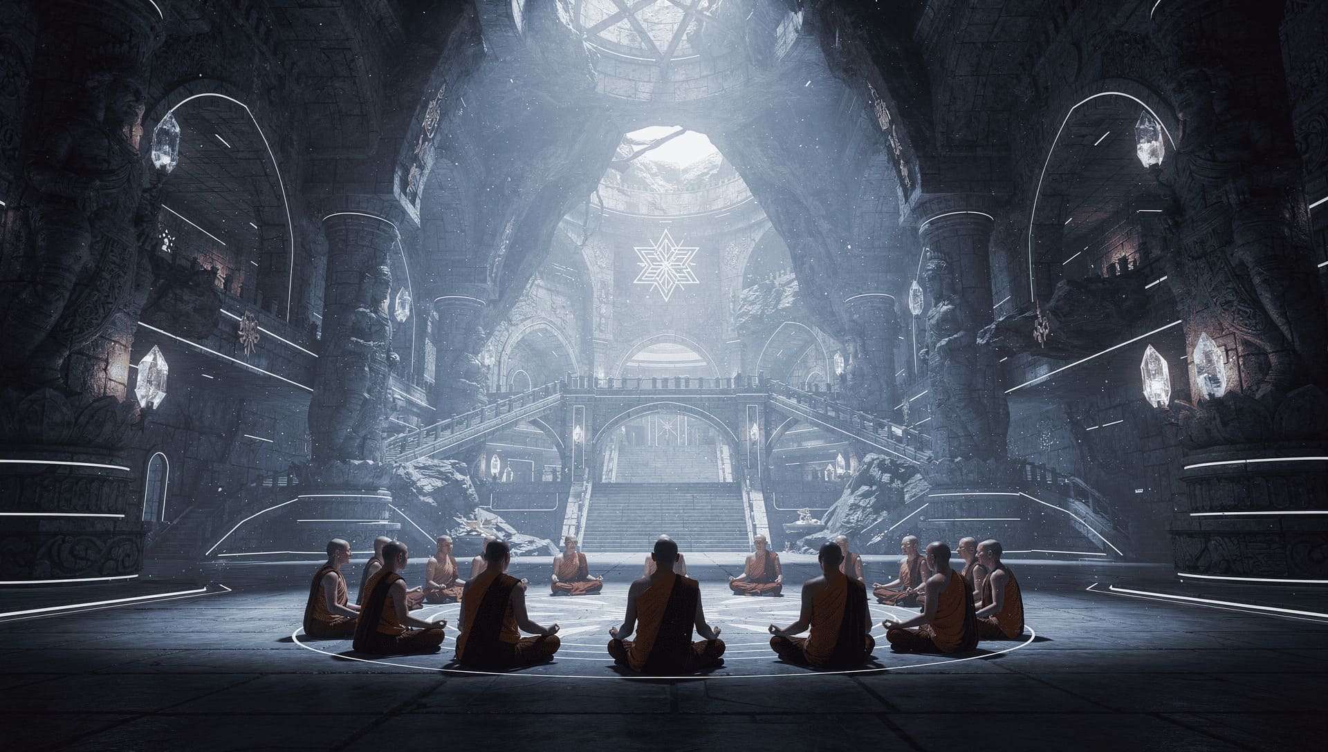 Buddhist monks meditating on ancient underground empire concept