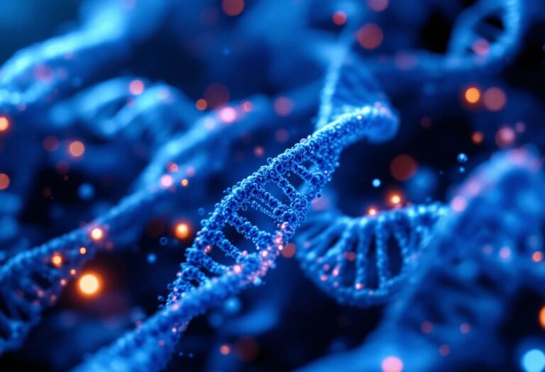 DNA methylation patterns glowing blue microscopic view