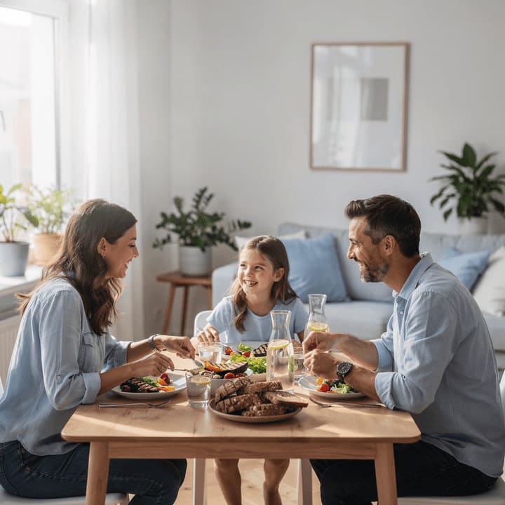 German family eating together at dining table, healthy meal