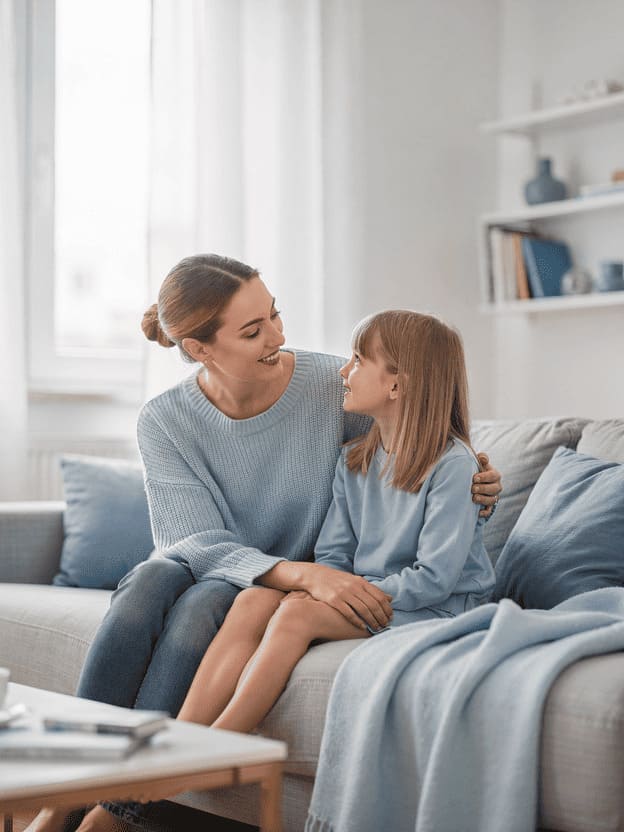 German mother and child having a warm conversation at home,