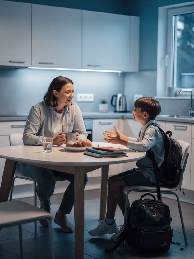 German parent and child talking about school day,