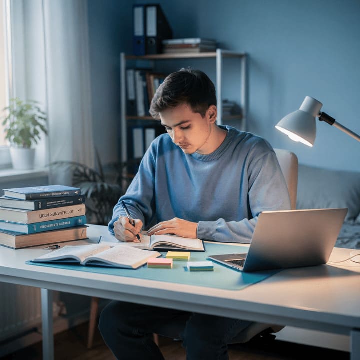 German student doing homework at desk, concentrated