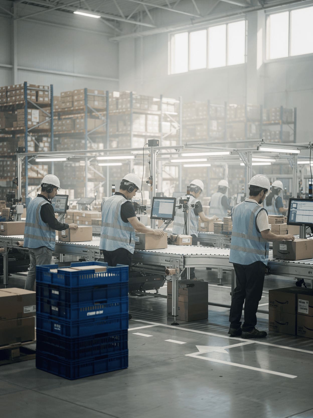 amazon fulfillment center workers packing boxes modern warehouse