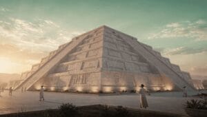 ancient Sumerian ziggurat at sunset with stars appearing in twilight sky