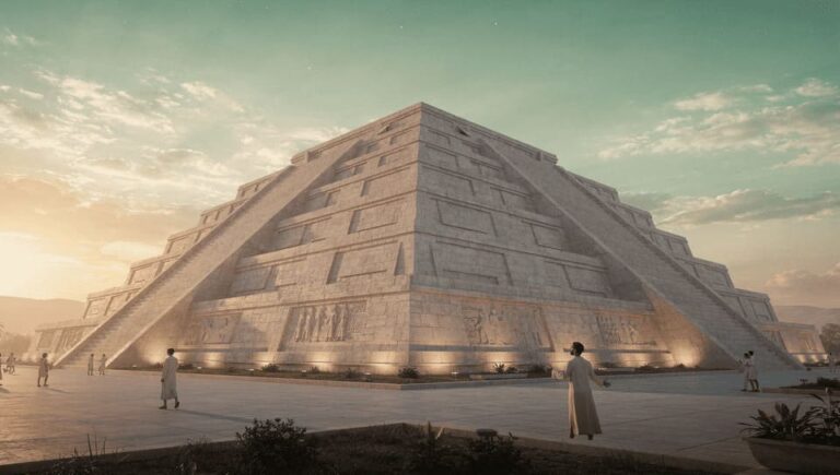 ancient Sumerian ziggurat at sunset with stars appearing in twilight sky