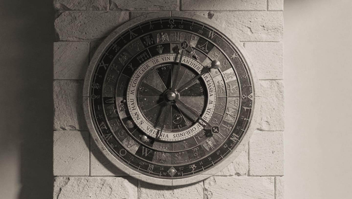 ancient astrological clock showing planetary hours, mystical symbols