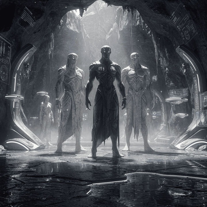 ancient humanoid beings with advanced technology in underground cavern