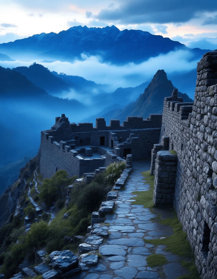 ancient megalithic stone walls of Sacsayhuaman fortress Peru dramatic lighting misty mountains