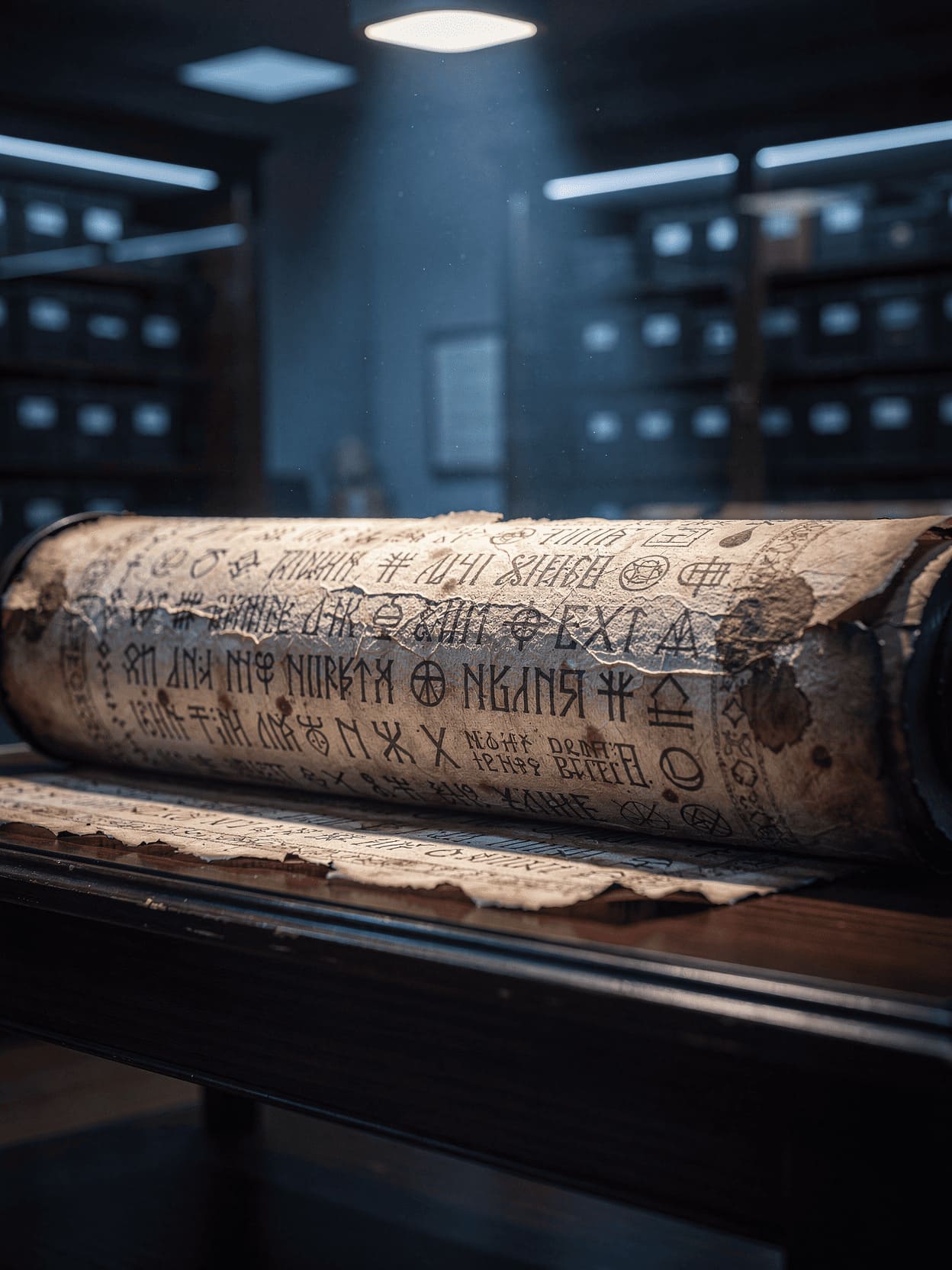 ancient scroll with mysterious symbols, knowledge and words