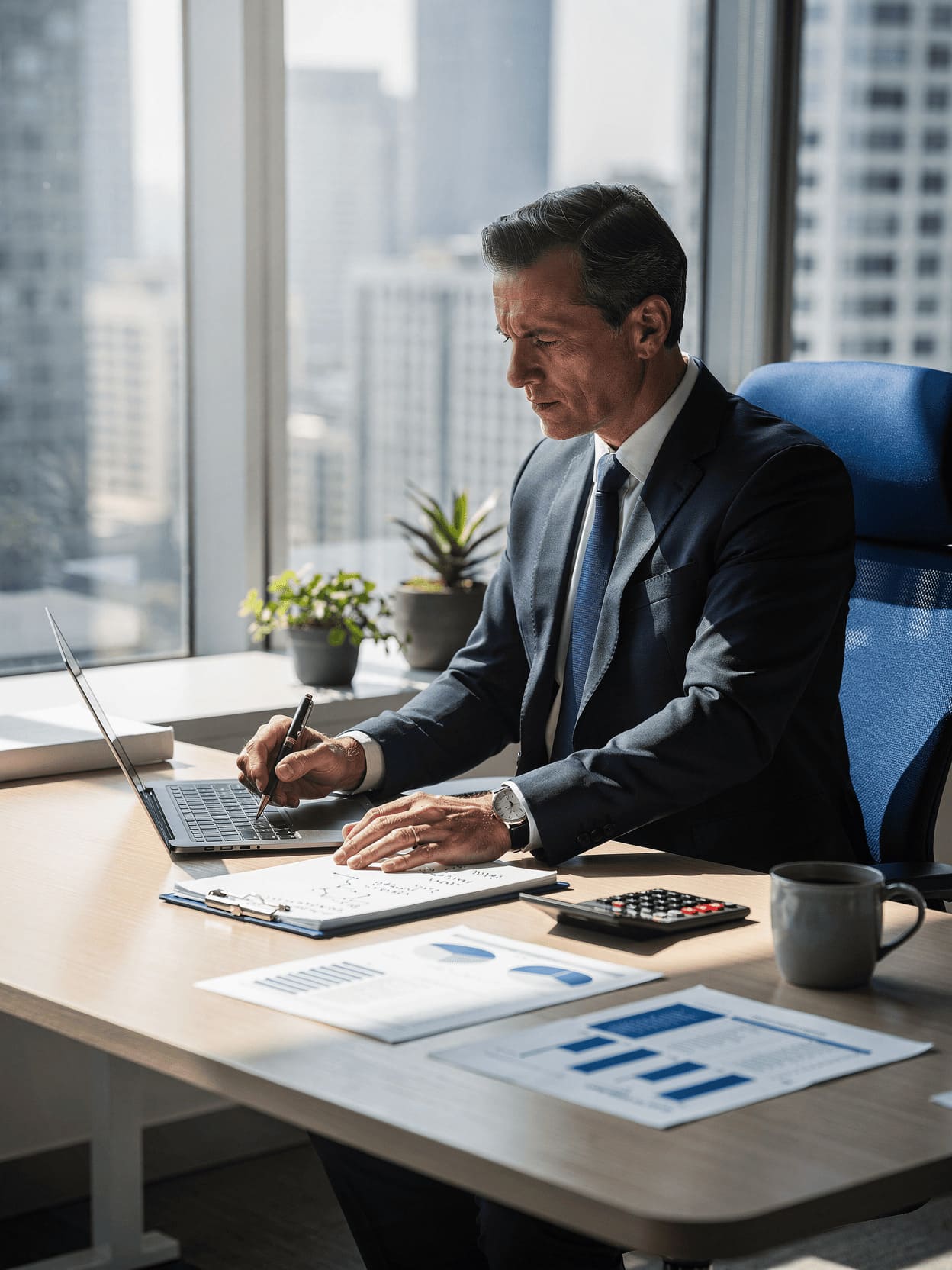 businessman calculating costs and benefits, professional office setting