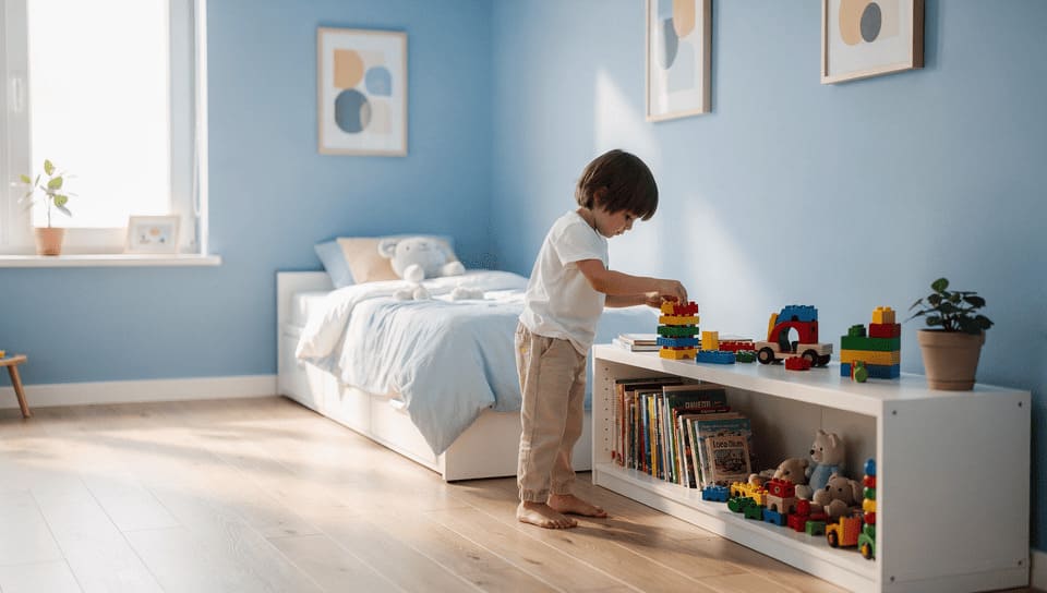 child organizing toys and books, responsible behavior
