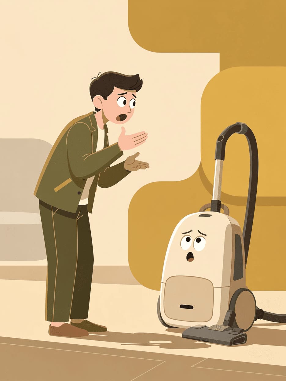 confused person talking to vacuum cleaner humorous illustration