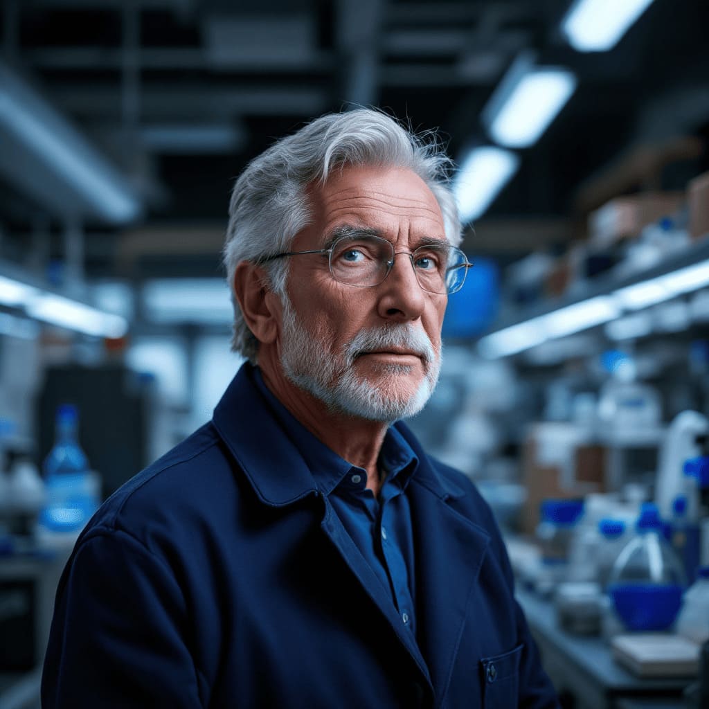 distinguished older scientist with gray hair in modern laboratory, portrait