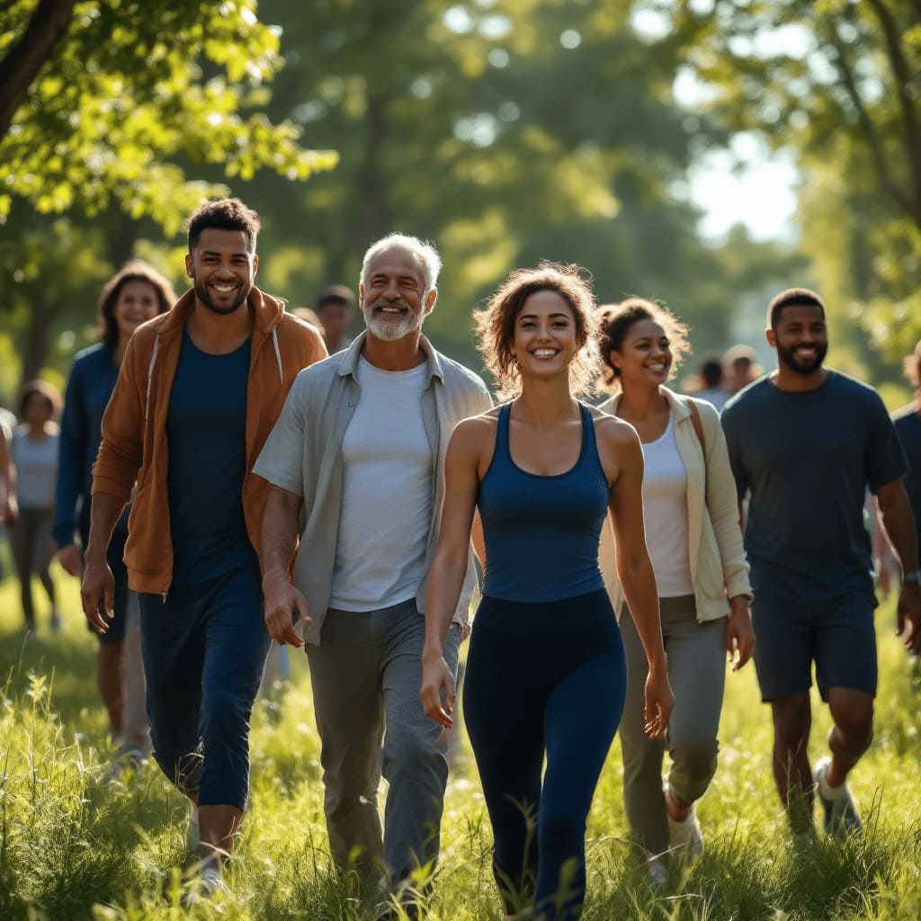 diverse group of people walking together outdoors healthy lifestyle