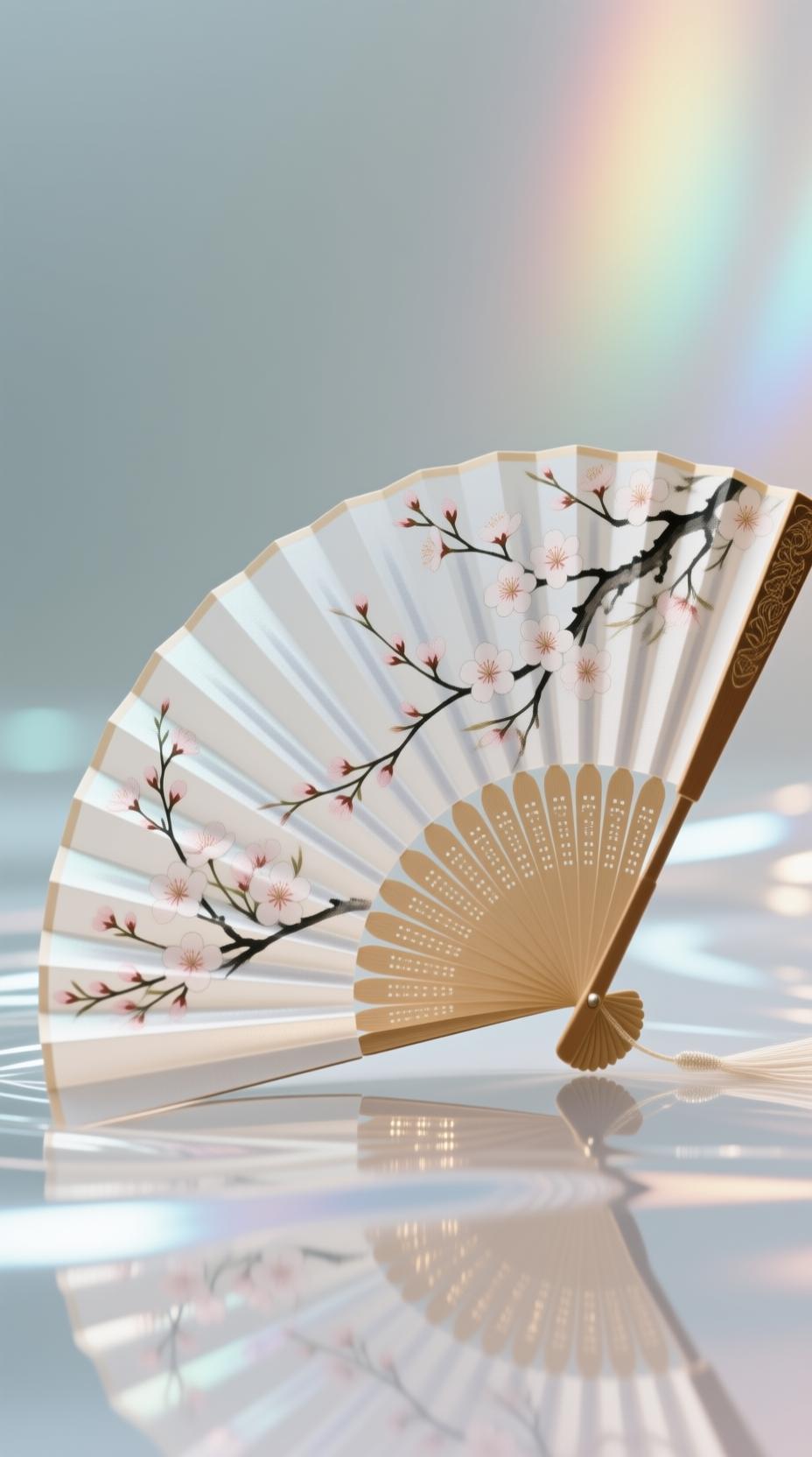 elegant traditional chinese fan with cherry blossoms on silk background