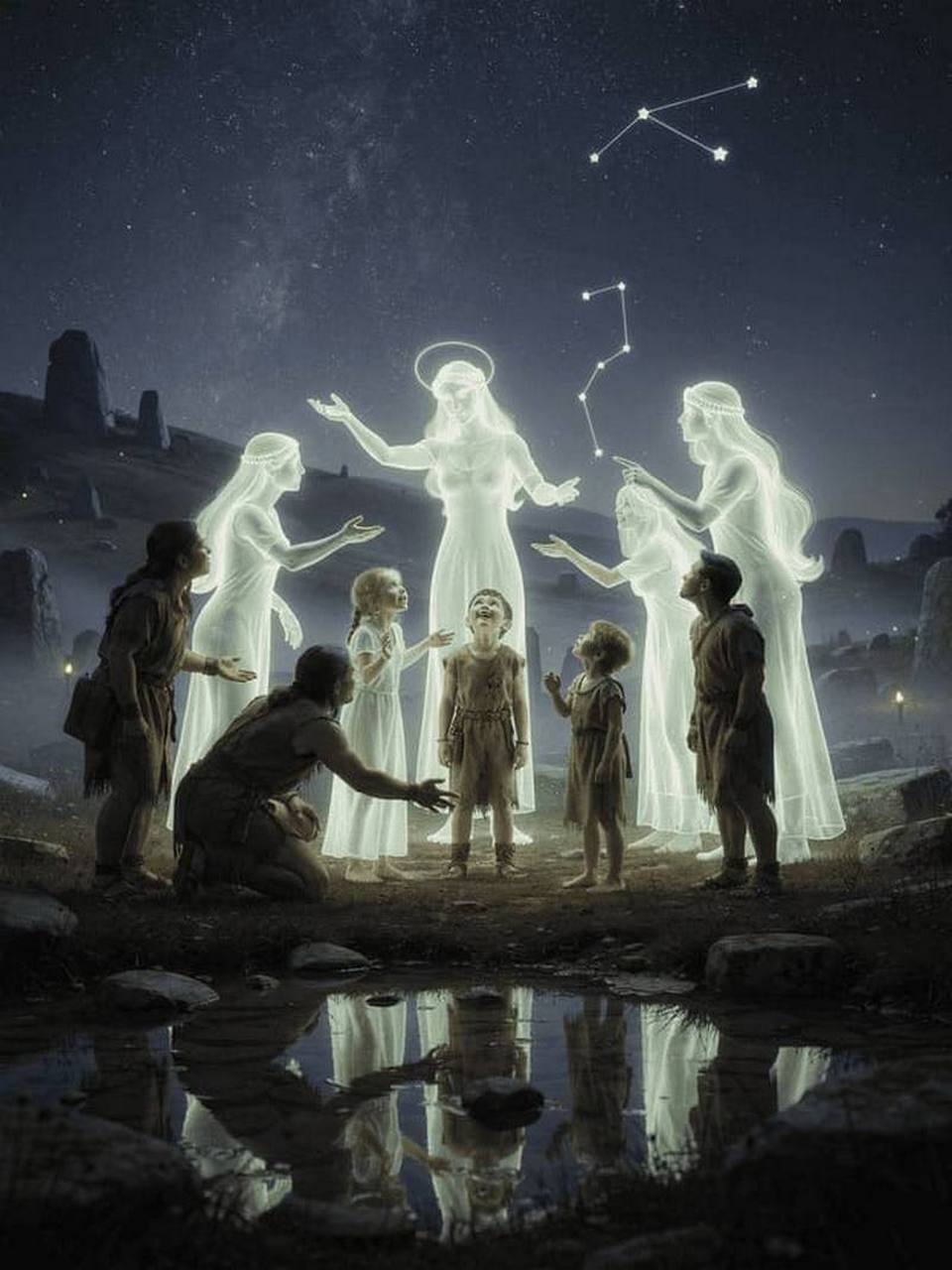 ethereal beings of light guiding ancient humans under starry night sky in mystical landscape