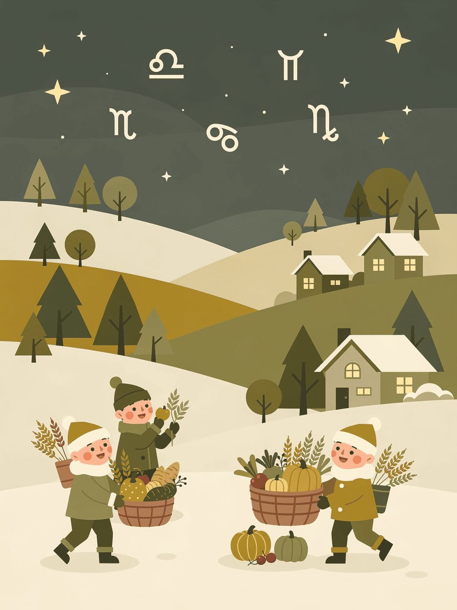 funny winter scene with stars and zodiac symbols