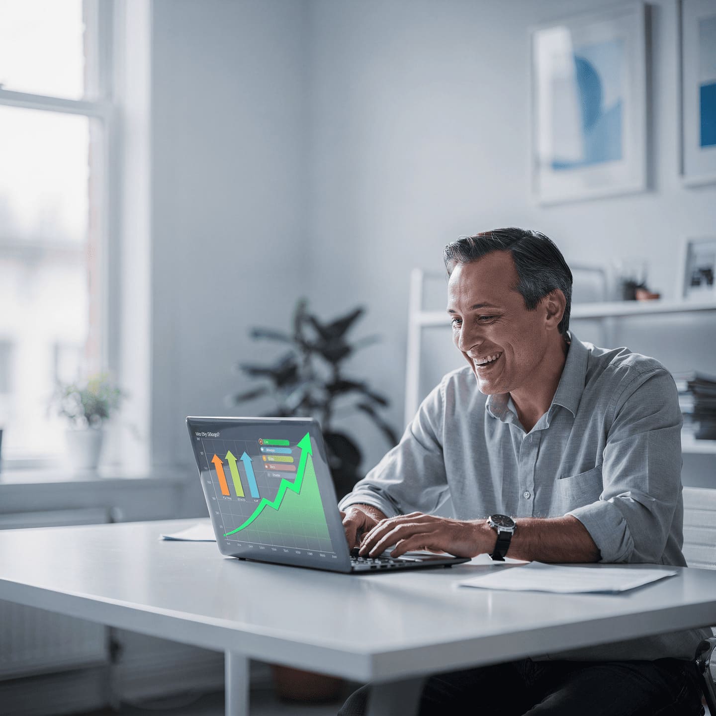 happy small business owner celebrating success with laptop showing growth charts