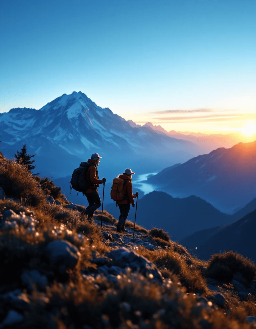 healthy elderly people hiking mountains sunrise hopeful future