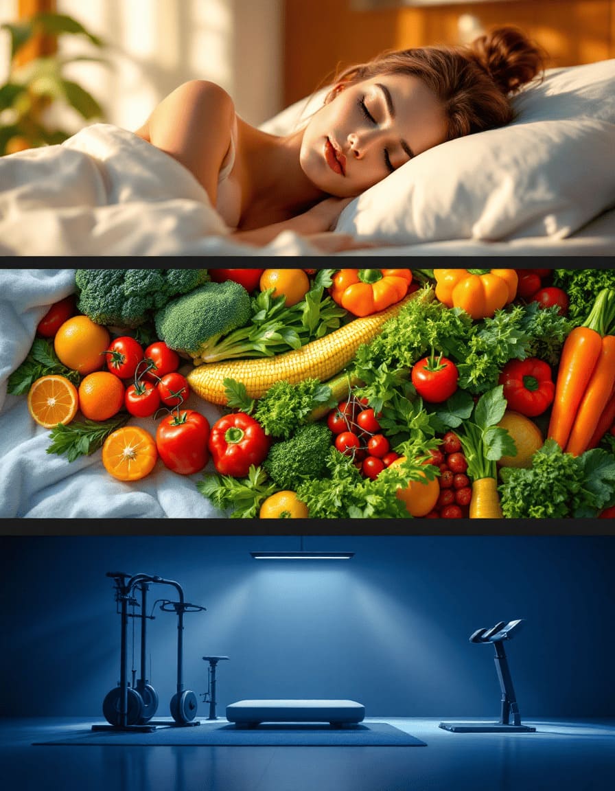 healthy lifestyle montage showing sleeping, vegetables, and exercise equipment