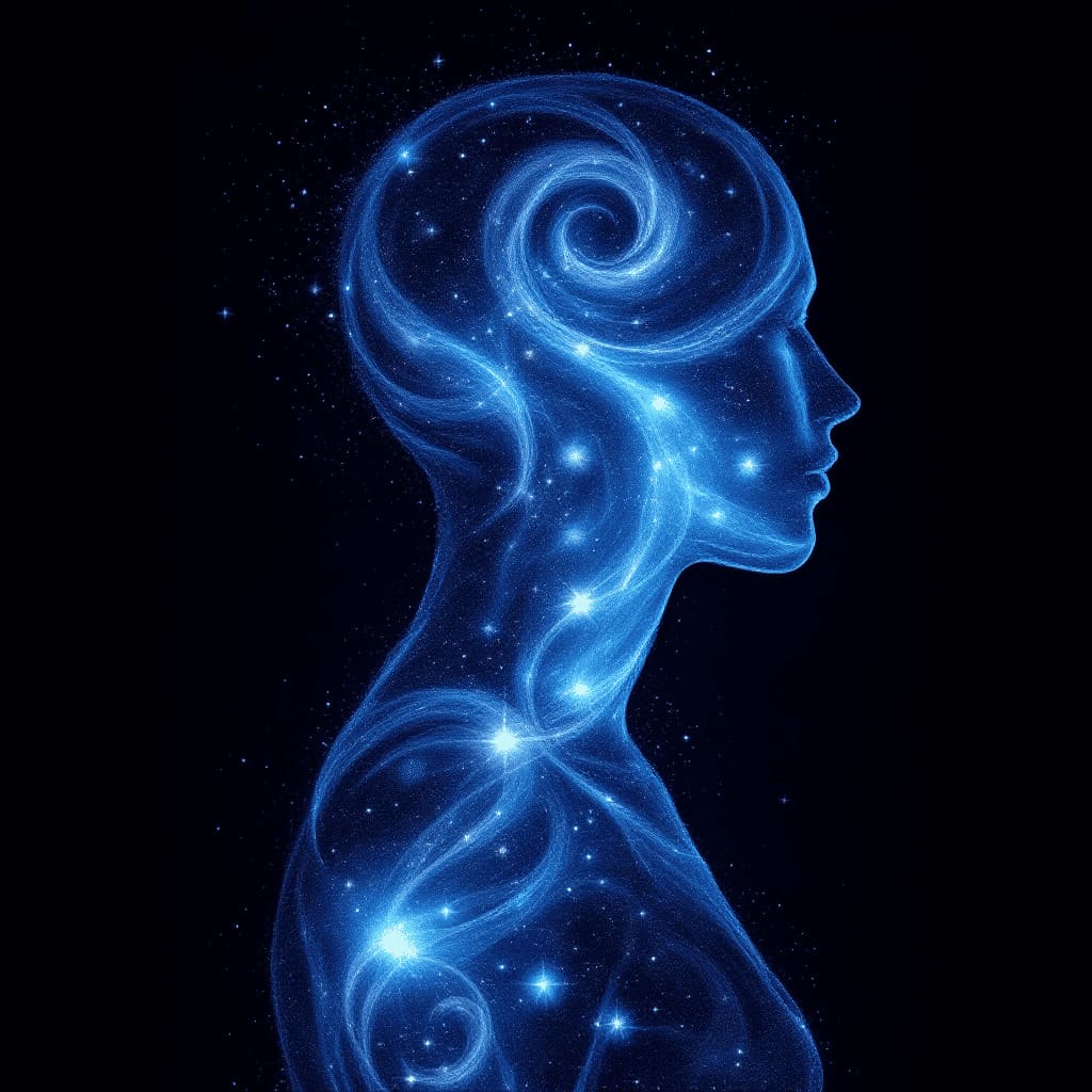 human silhouette filled with stars and galaxies cosmic DNA