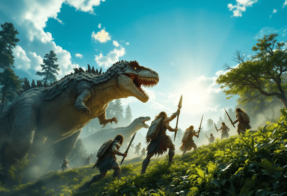 humans fighting giant dinosaurs with weapons stone carving