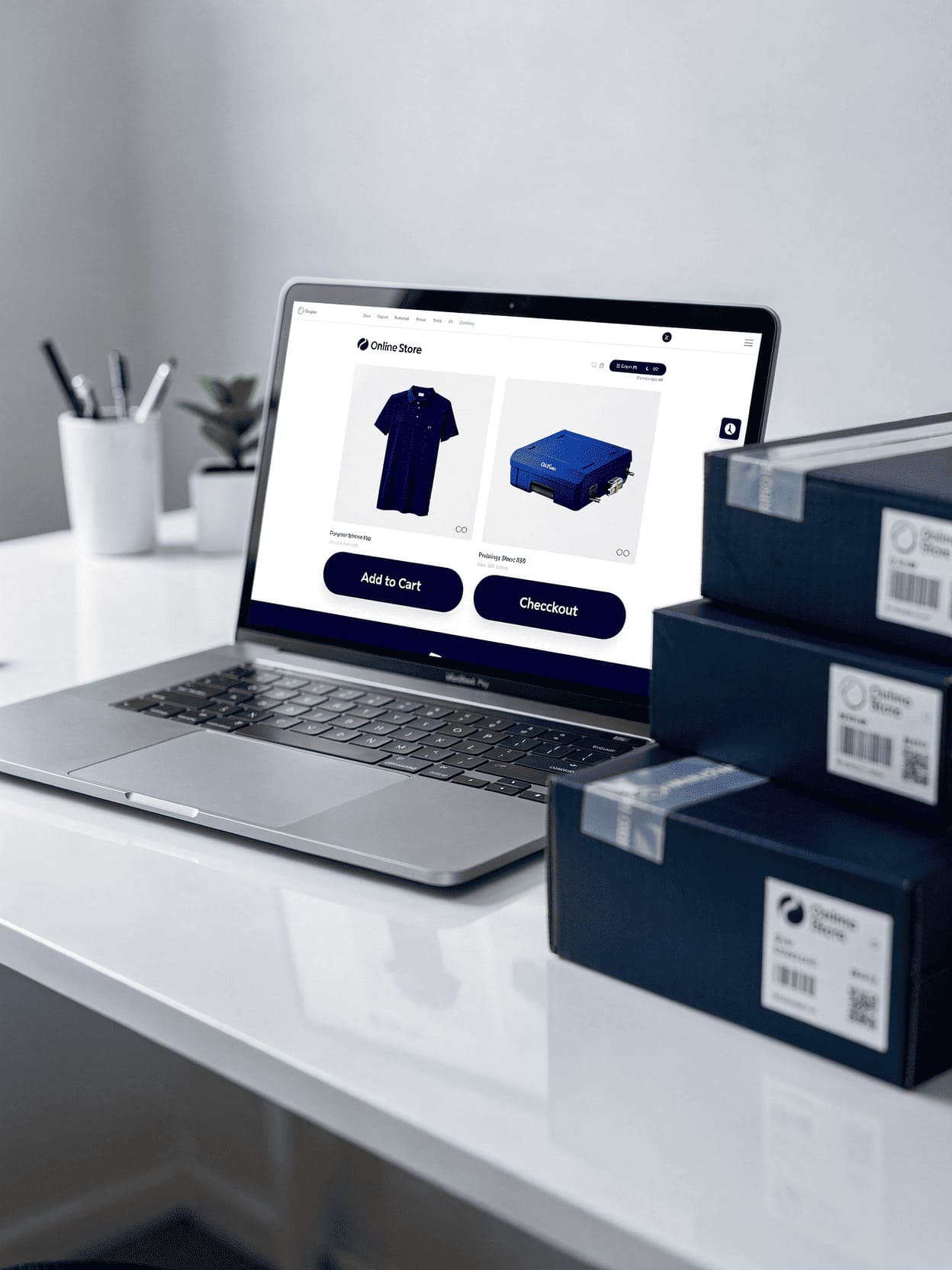 modern ecommerce online shopping delivery boxes laptop