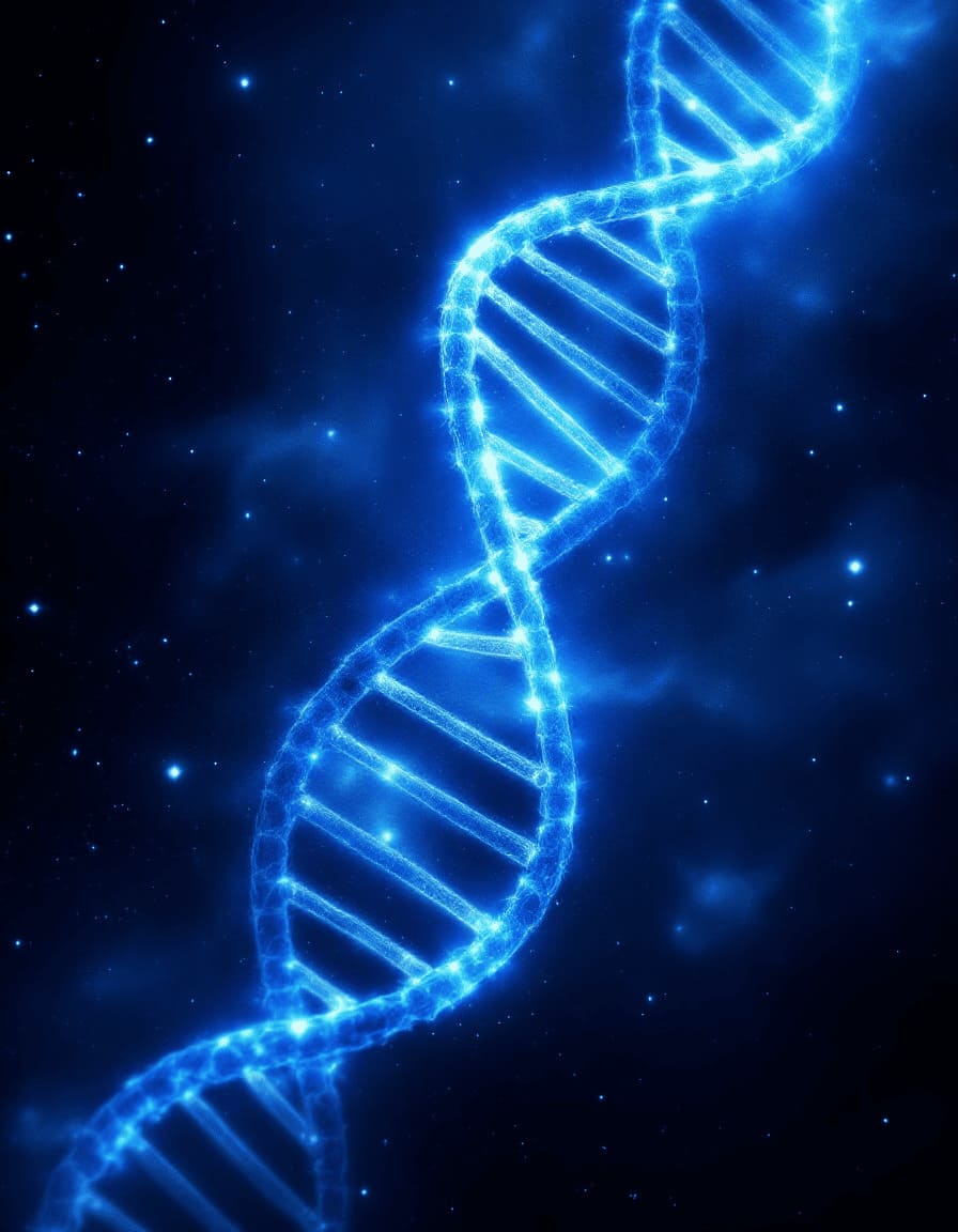 mysterious DNA double helix glowing in cosmic space with stars and nebula