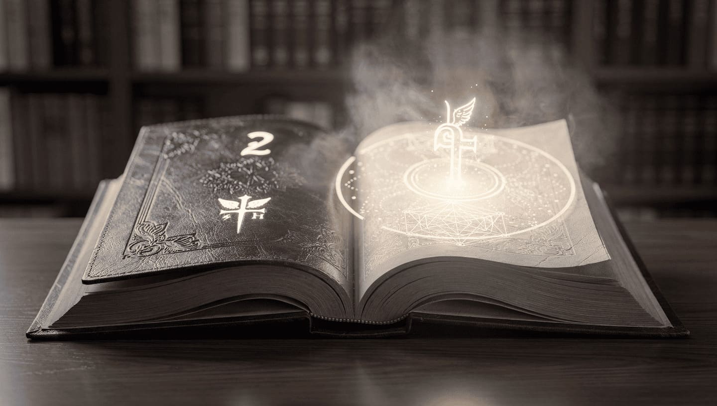 mystical ancient book with glowing angelic symbols