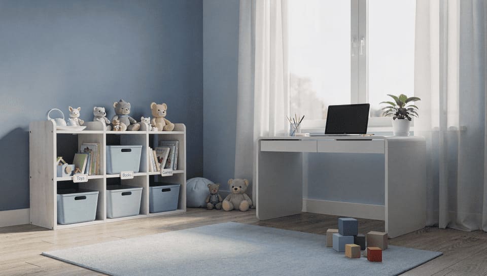 organized children's room, tidy toy shelves, clean desk