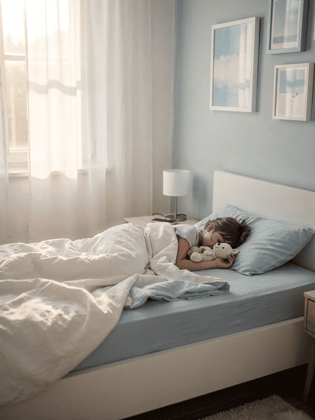 peaceful child sleeping in cozy bedroom, soft morning light, healthy rest