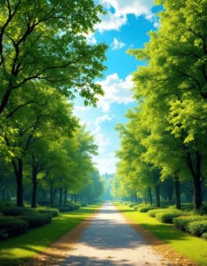 peaceful morning walk in sunlit park with trees and pathway