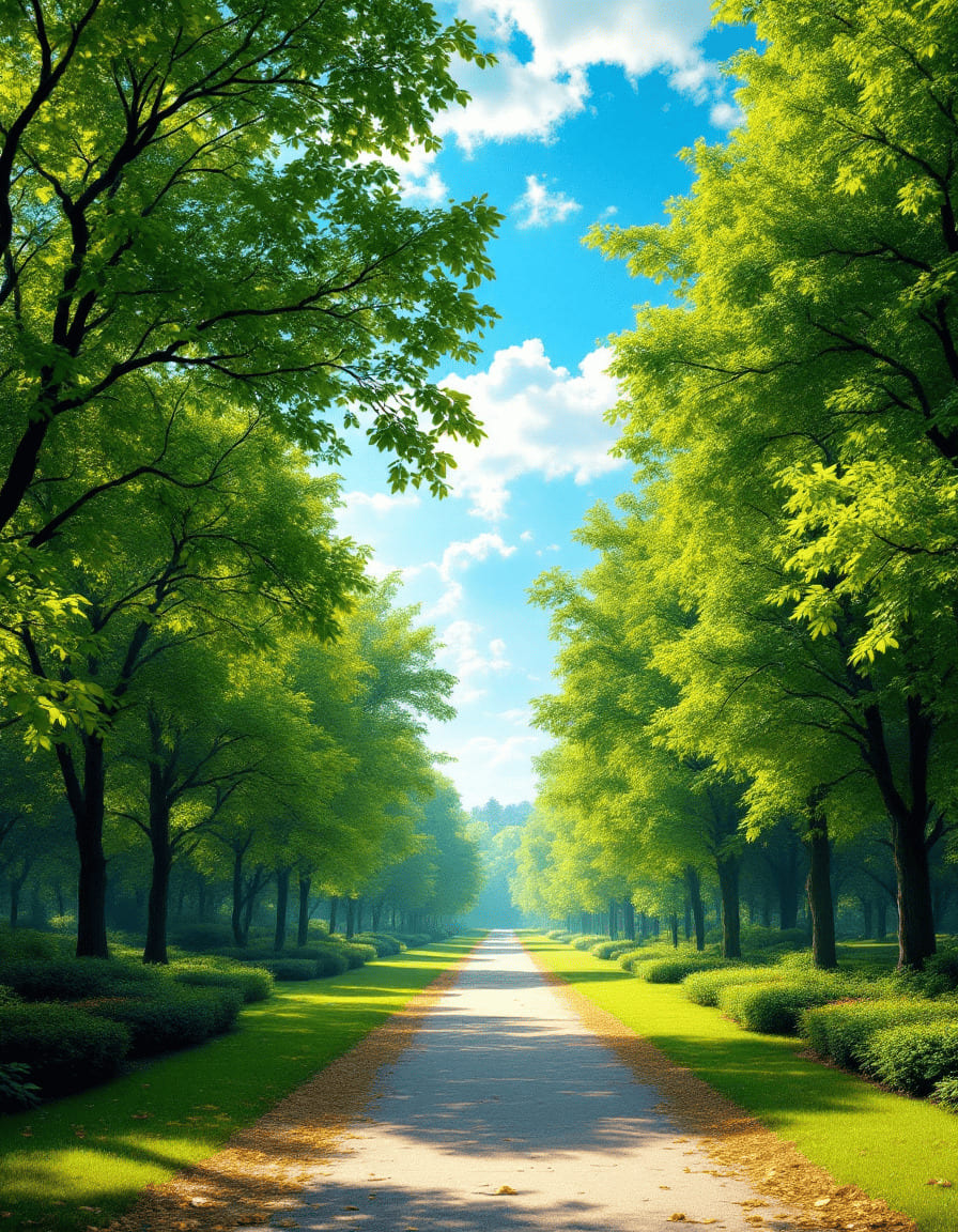 peaceful morning walk in sunlit park with trees and pathway