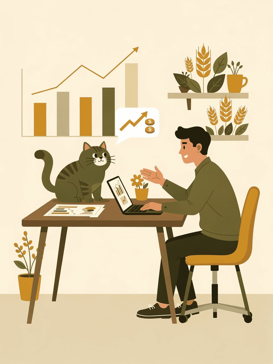 person working at desk with cat discussing investments