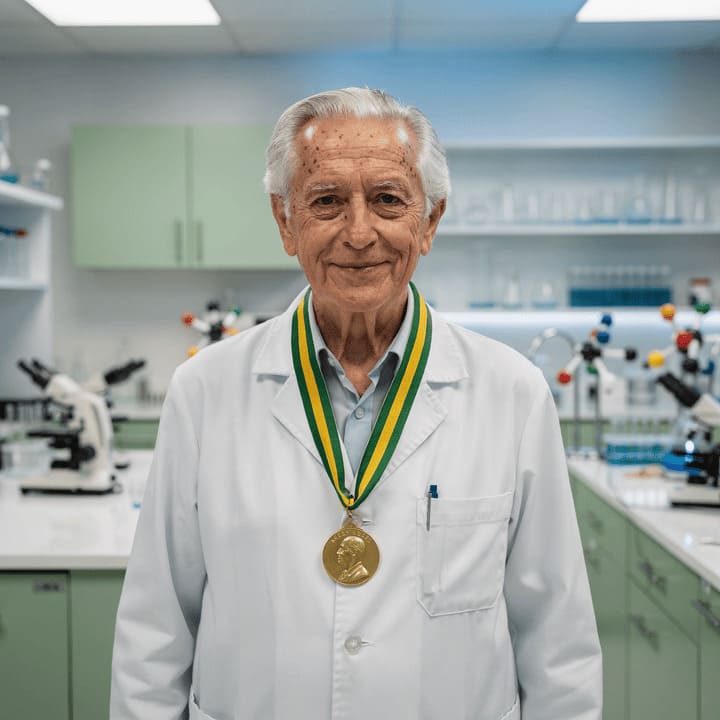 portrait of distinguished elderly scientist with Nobel prize medal in laboratory setting