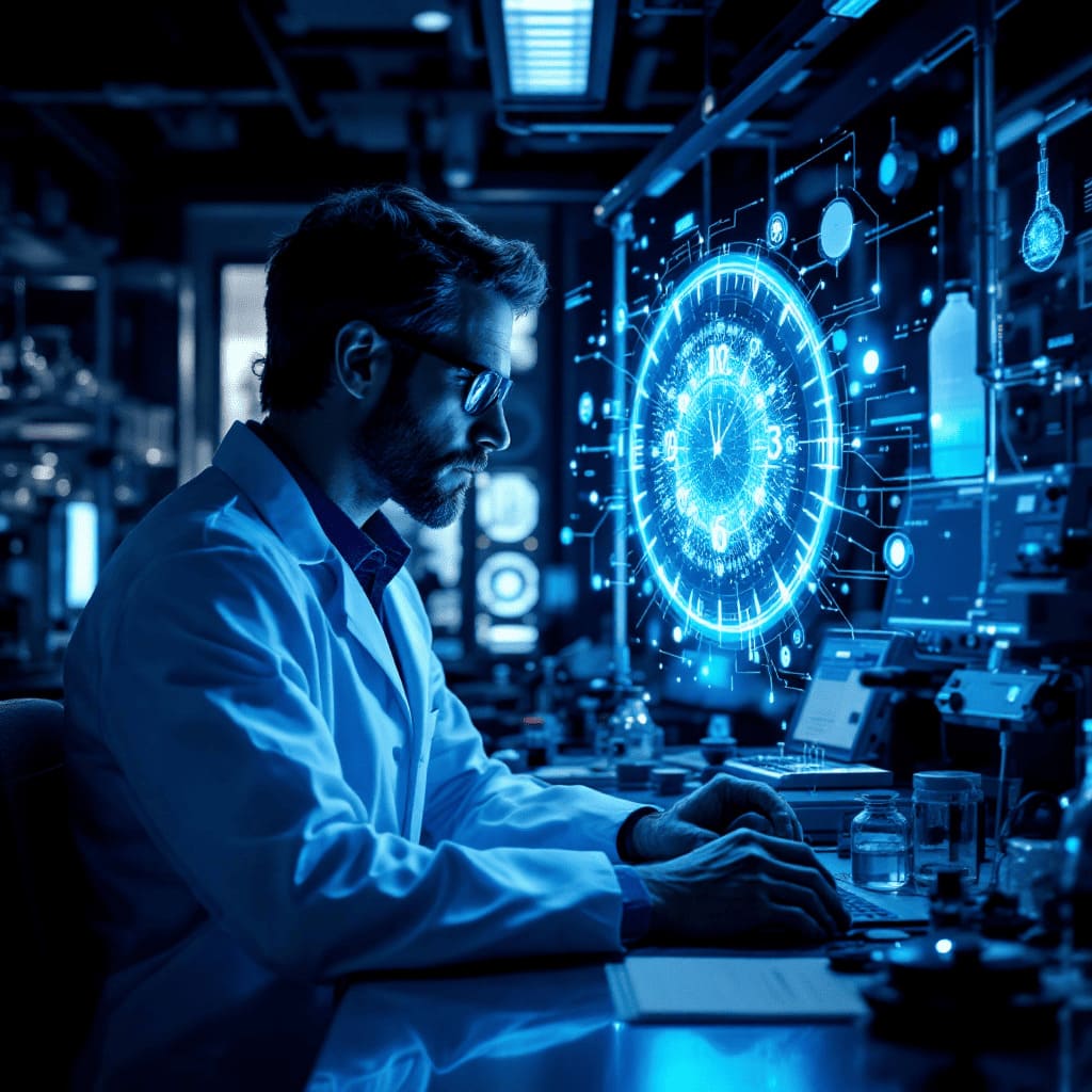 scientist examining biological clock molecular structure hologram