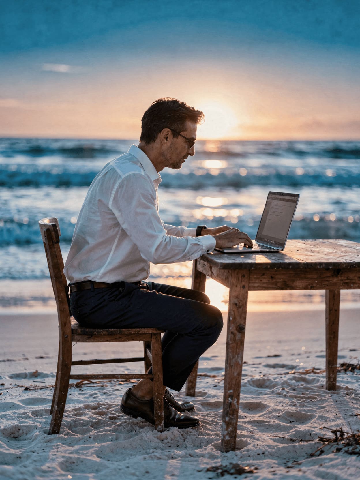 successful entrepreneur working remotely beach laptop