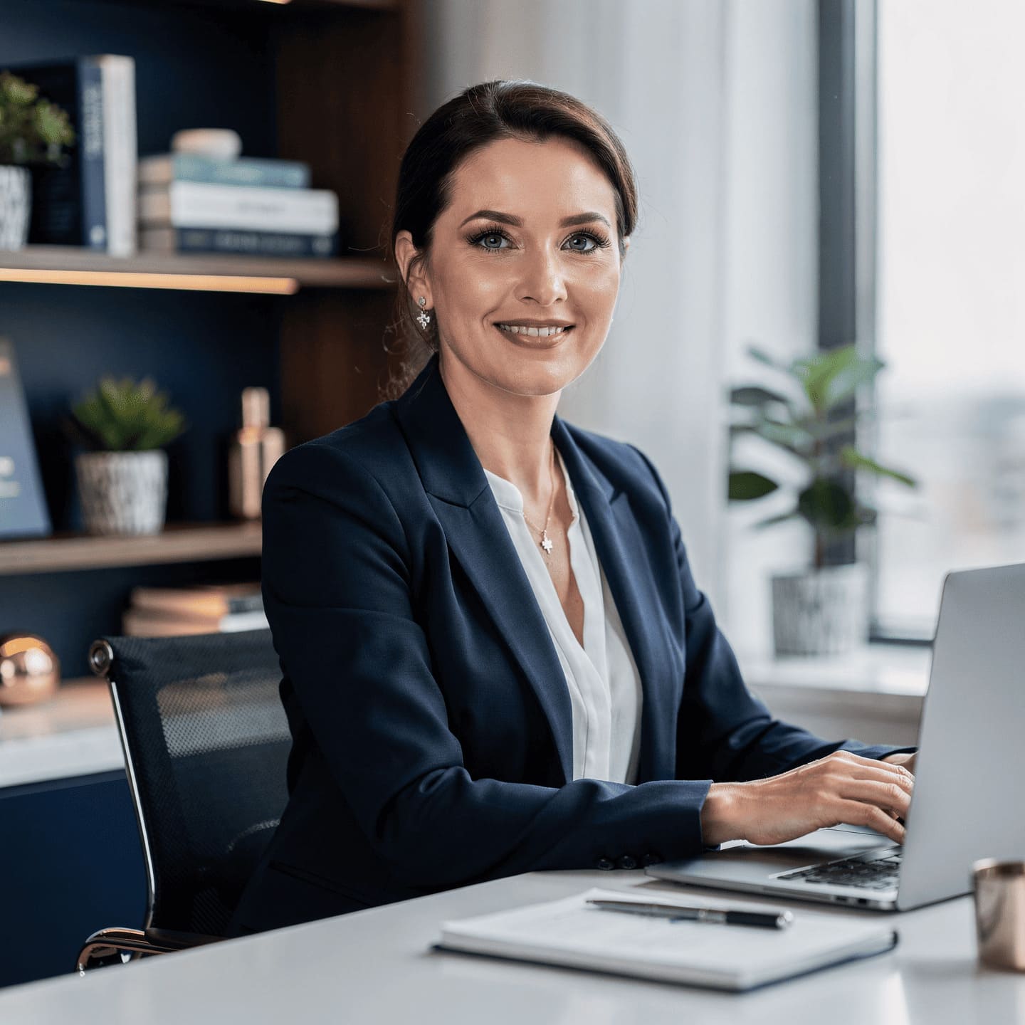 successful female entrepreneur home office smiling confident