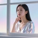 thoughtful asian woman by window natural light portrait