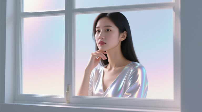 thoughtful asian woman by window natural light portrait