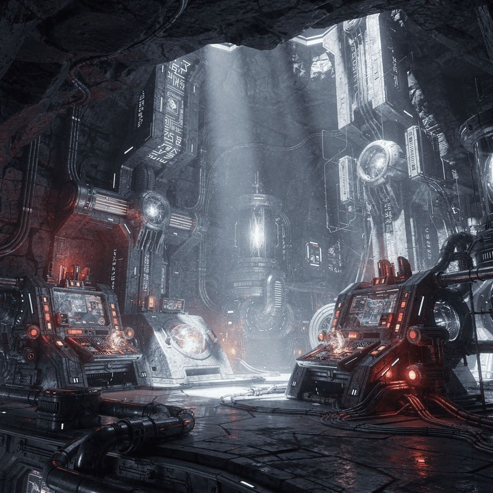 underground technological cavern with ancient alien machinery and warning lights