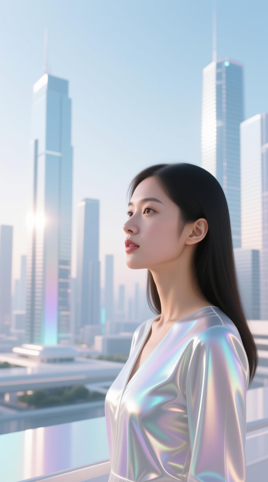 young asian american woman looking at city skyline modern portrait