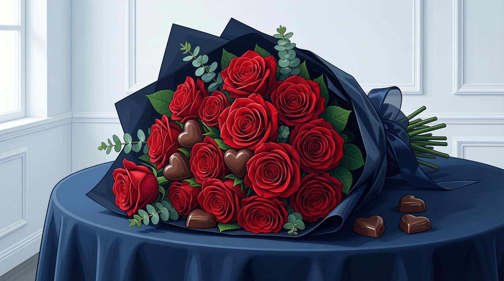 red roses bouquet with chocolate hearts on elegant table