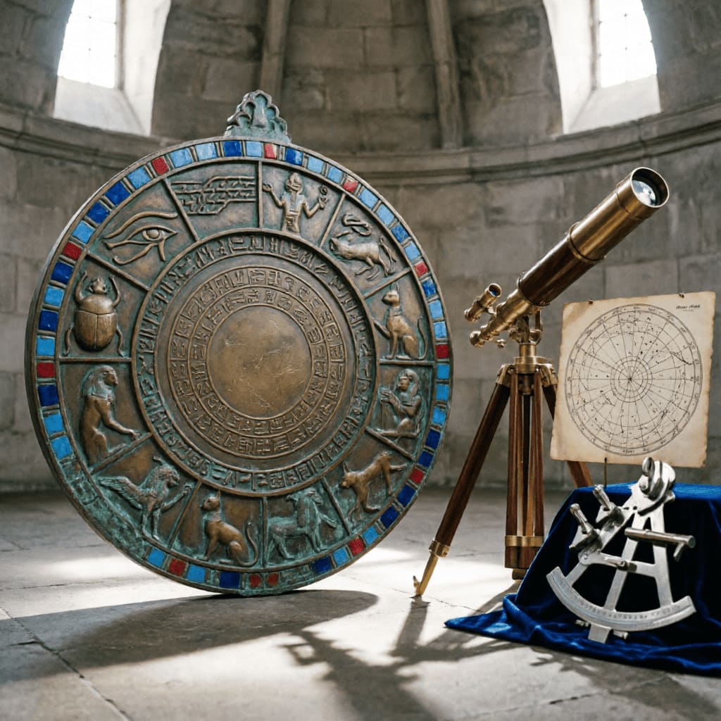 An ancient Egyptian zodiac wheel with symbolic constellations and hieroglyphic patterns