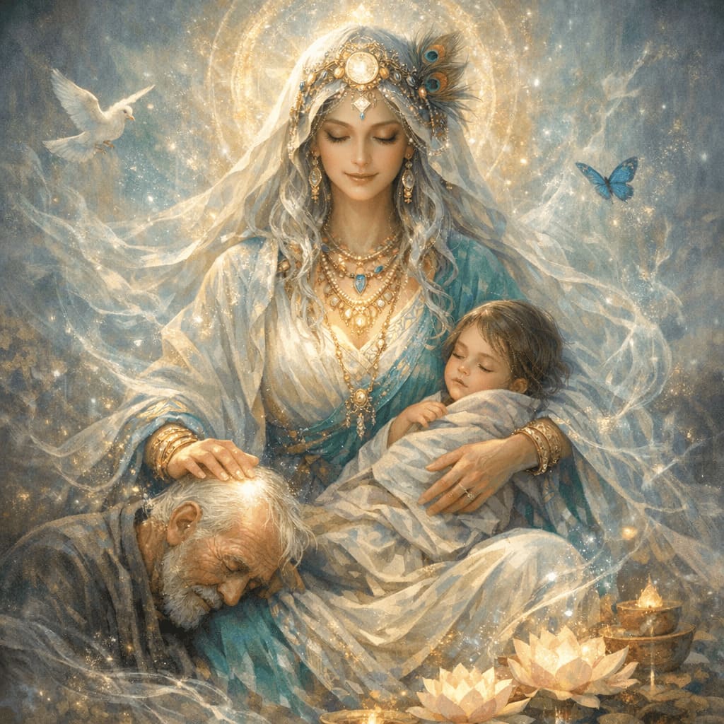 An illustrated figure embodying wisdom and compassion