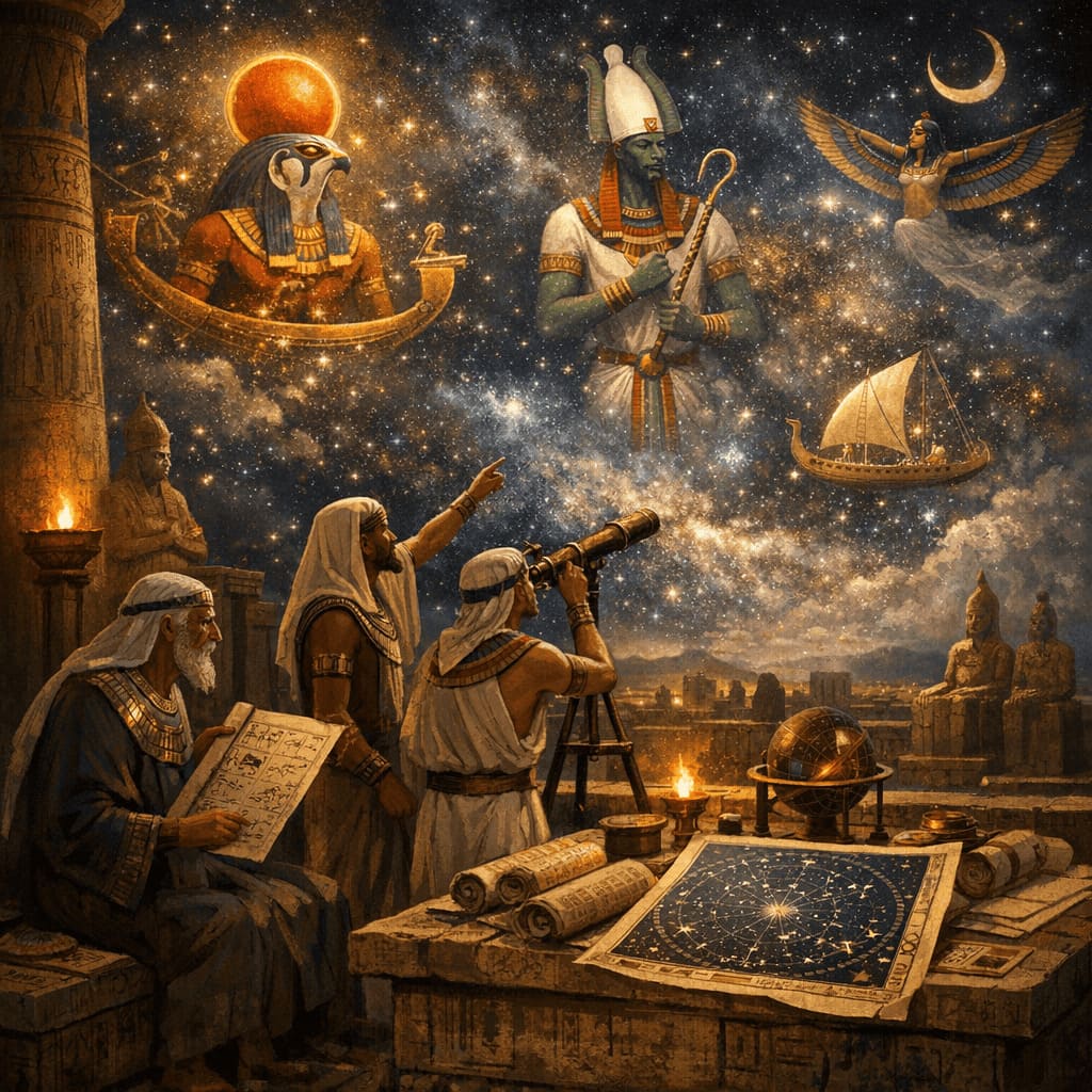 Egyptian priest-astronomers observing the night sky from a temple