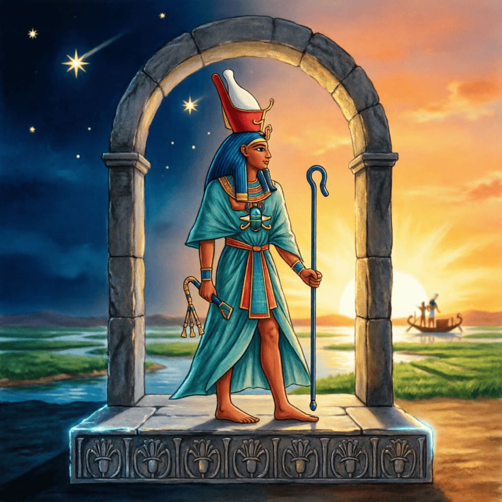 darkness and light, symbolizing Osiris's transformation and rebirth