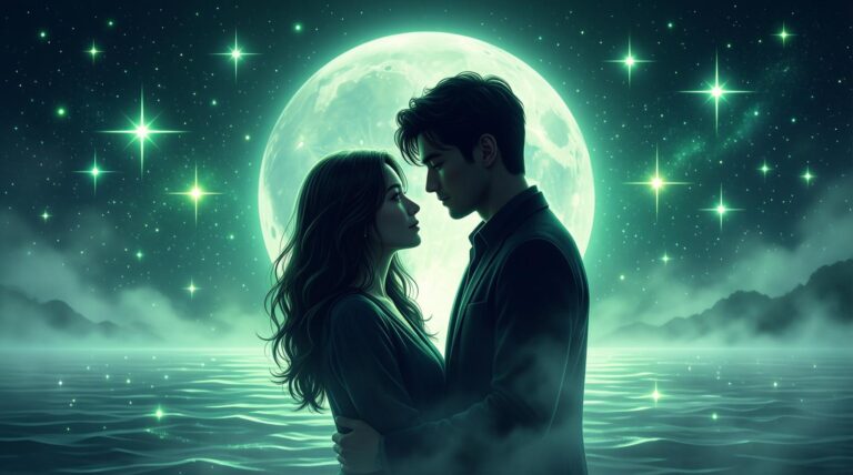 dreamy romantic couple in misty moonlight with soft glowing stars