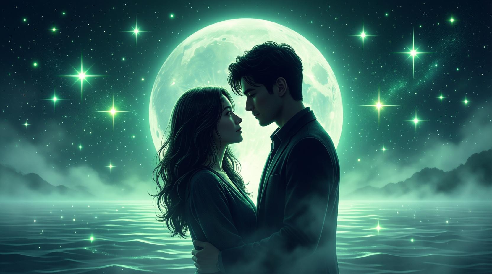 dreamy romantic couple in misty moonlight with soft glowing stars